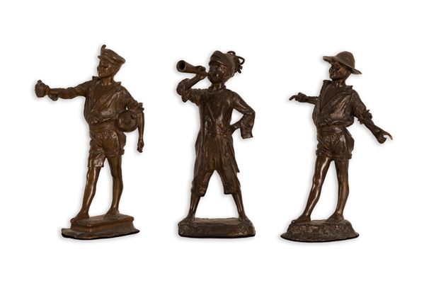Francesco Conventi - Tre sculture in bronzo brunito raffiguranti scugnizzi nelle vesti di acquaiolo, banditore e contadino
