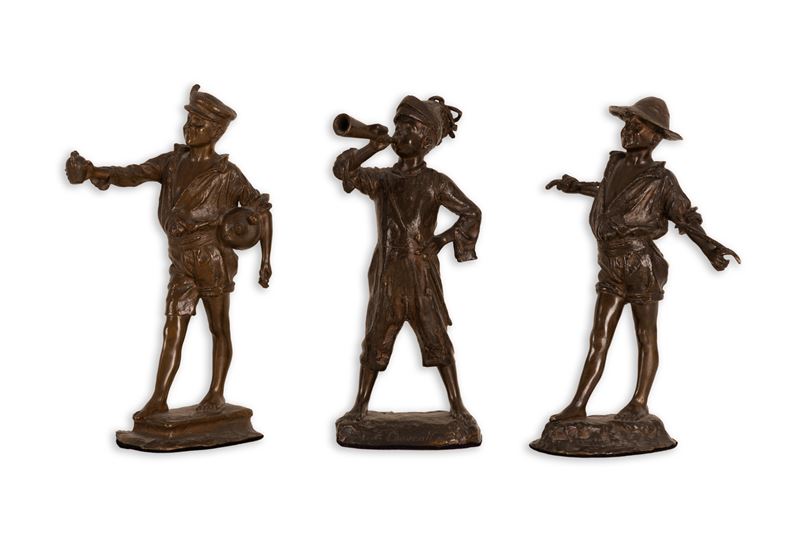 Francesco Conventi - Tre Sculture in Bronzo Brunito Raffiguranti Scugnizzi nelle Vesti di Acquaio...