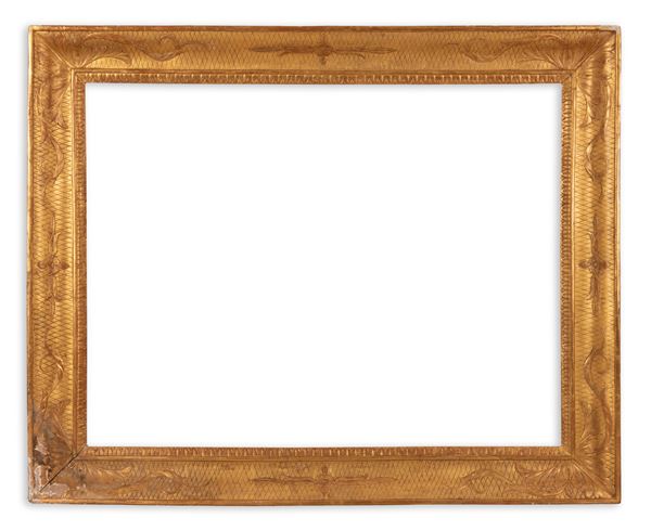 Cornice in legno dorato a guantiera del XIX secolo con decoro a reticolo e fogliato. Battuta a palmette