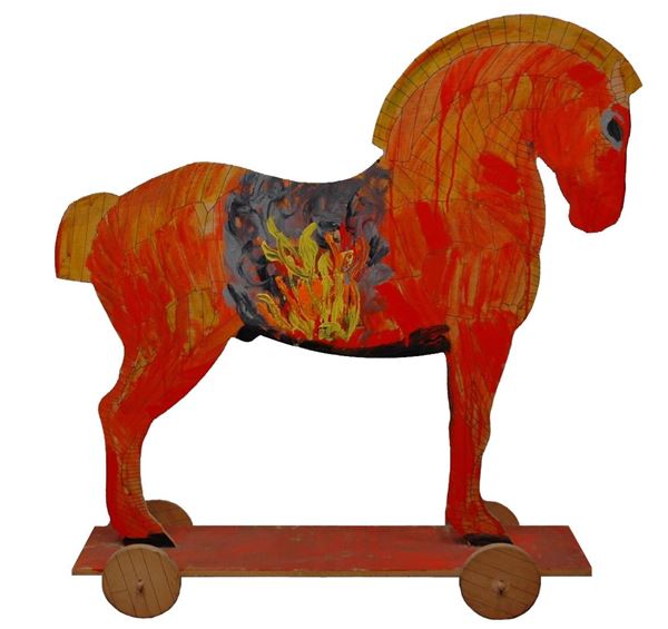 Mario Schifano : Cavallo di Troia  (1992/95)  - Smalto e acrilico su  sagoma di legno - Asta Arte Moderna e Contemporanea - Gliubich Casa d'Aste
