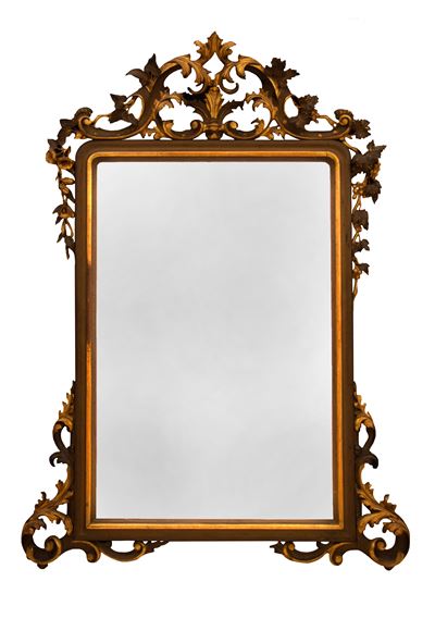 Specchiera Intagliata in Legno Dorato e Laccato Verde Scuro.