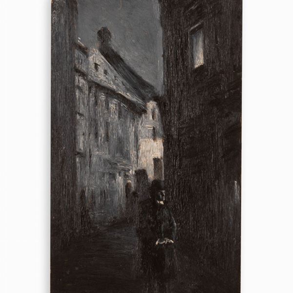 Anonimo del XX secolo - Personaggio con cappello a passeggio in un vicolo di notte