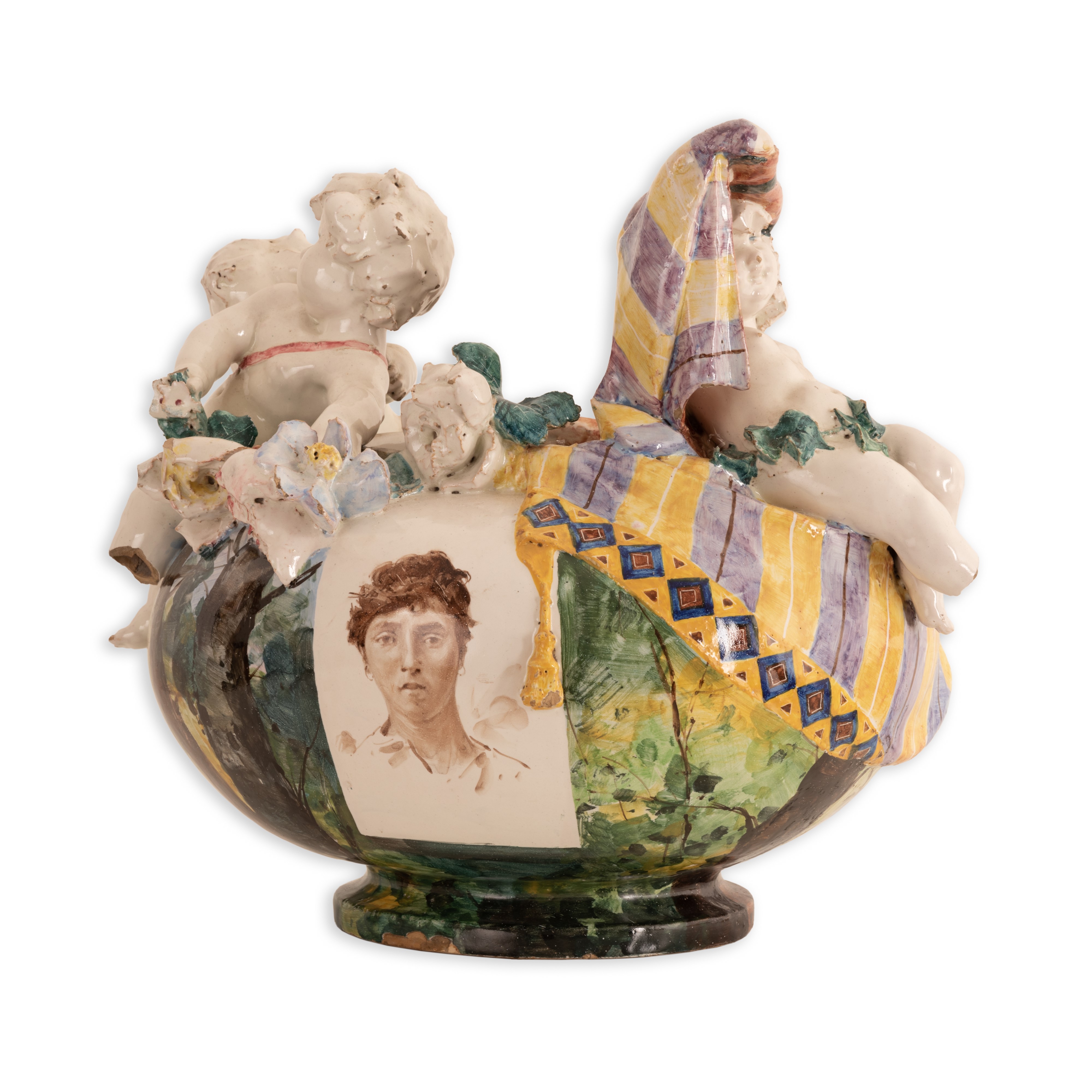 Francesco Paolo Michetti - Straordinario Vaso da Centro con Putti e Fiori a Rilievo Interamente D...