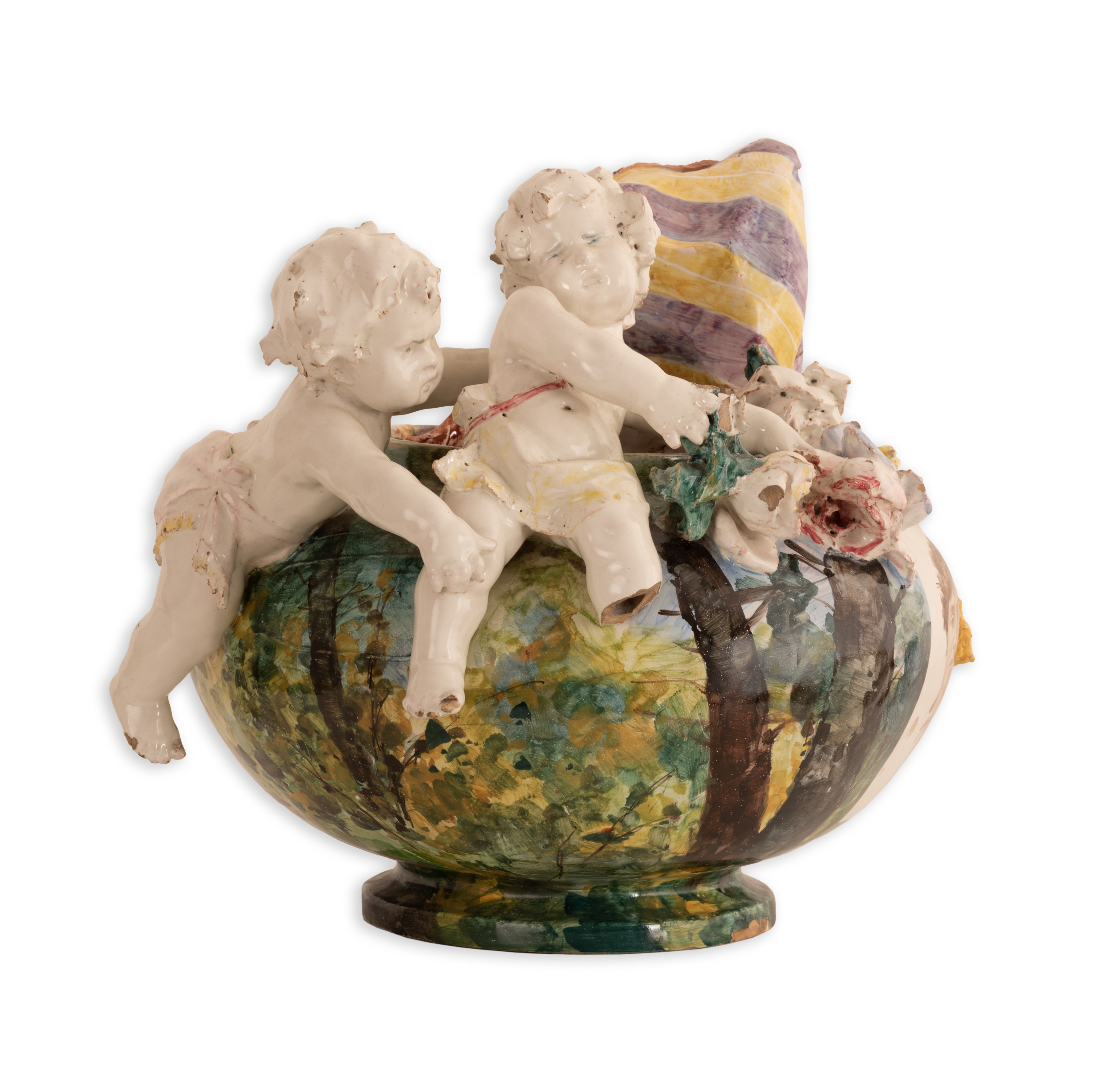 Francesco Paolo Michetti - Straordinario Vaso da Centro con Putti e Fiori a Rilievo Interamente D...