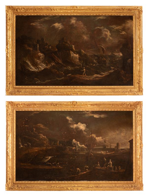 Pittore veneto del XVIII secolo - Coppia di dipinti raffiguranti burrasca e veduta di porto