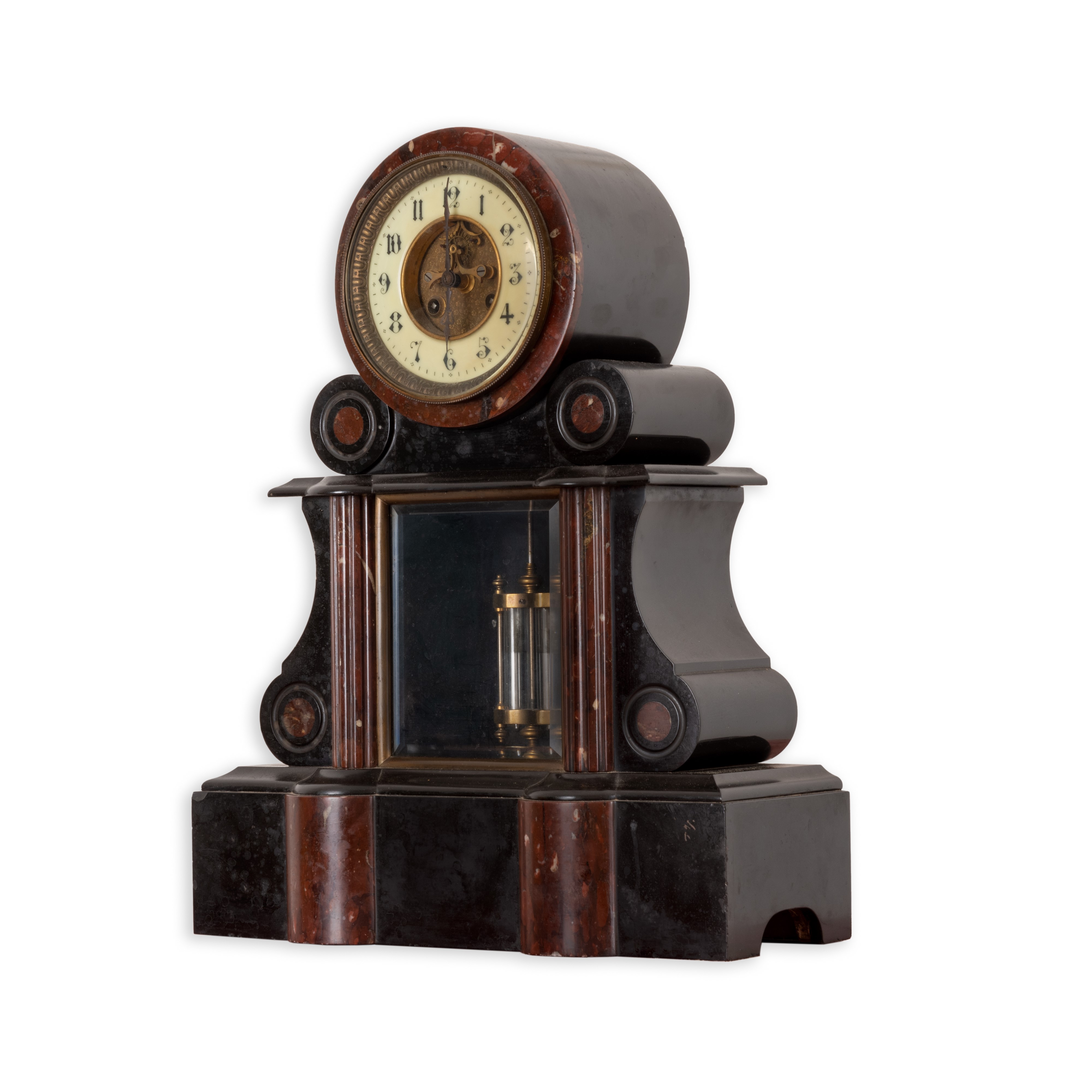 Orologio da Camino Napoleone III in Marmo Nero di Belgio e Rosso di Francia Vincentii & Cie Medai...