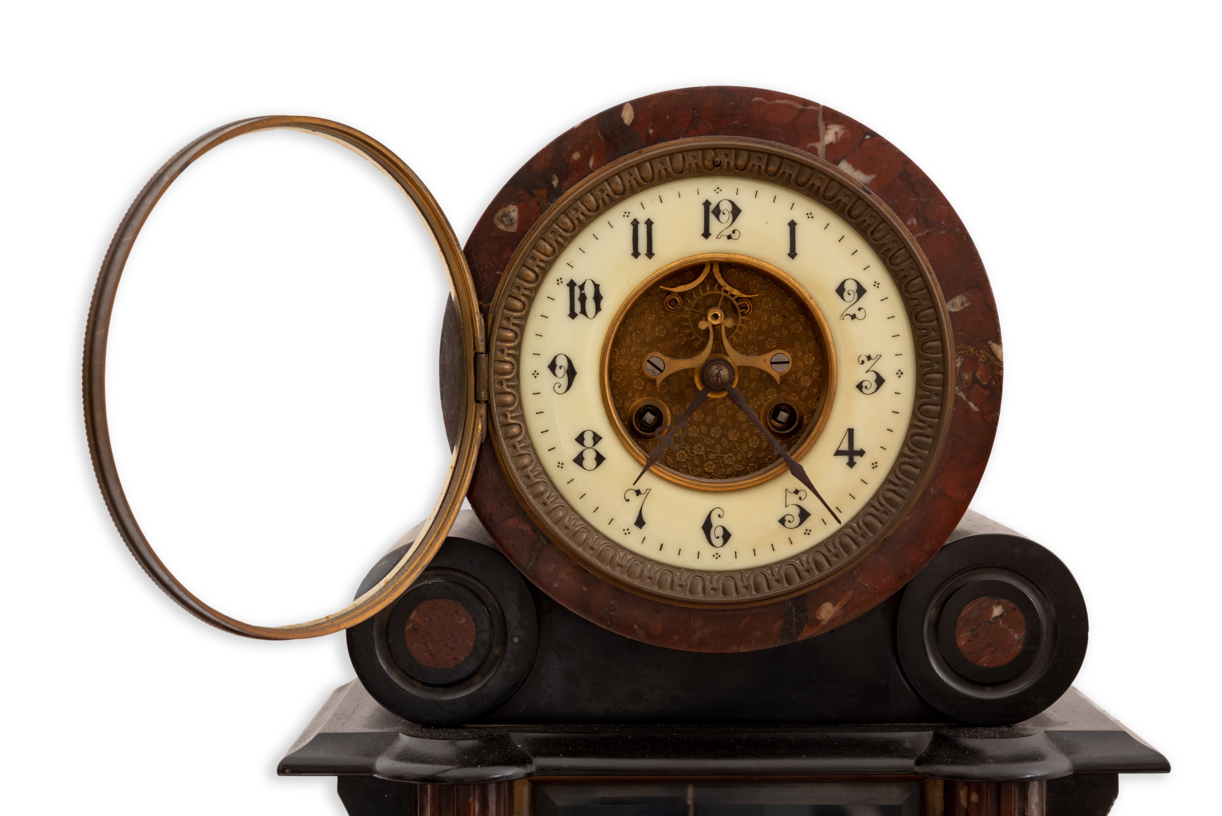 Orologio da Camino Napoleone III in Marmo Nero di Belgio e Rosso di Francia Vincentii & Cie Medai...