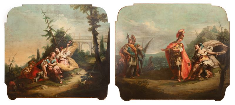 Coppia di dipinti raffiguranti scene dall'Eneide: l'amore tra Didone e Enea e la partenza di Enea...