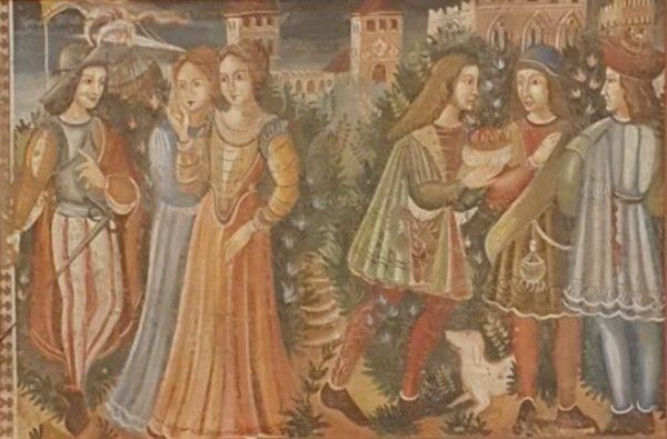 Anonimo : Scena medievale  - Affresco su tela - Asta Arte Moderna e Contemporanea - Gliubich Casa d'Aste