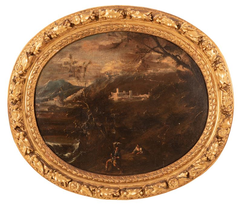 Ovale raffigurante paesaggio con castello e figure