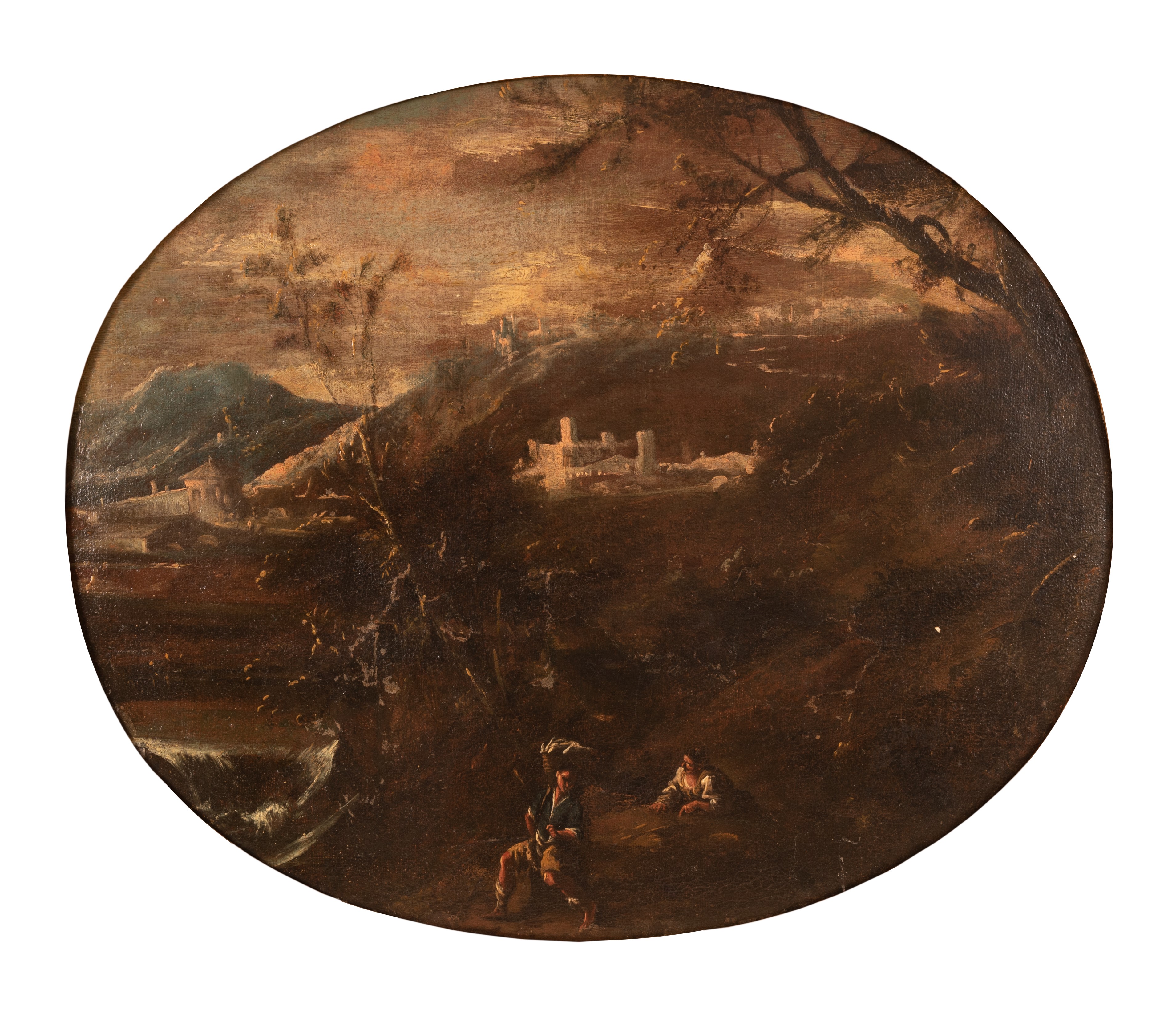 Ovale raffigurante paesaggio con castello e figure