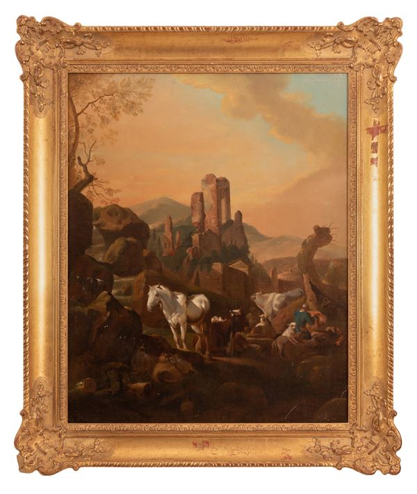 Nicolaes  Berchem - Paesaggio con rovine, figure e armenti