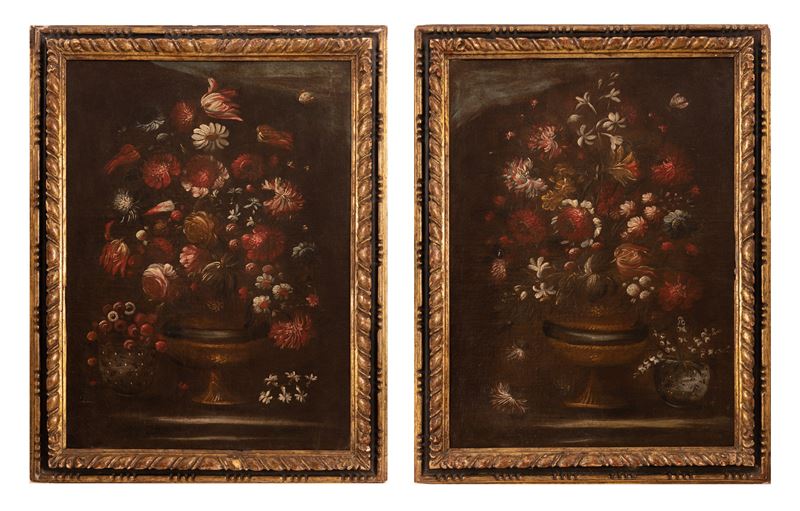 Coppia di nature morte raffiguranti vasi con fiori