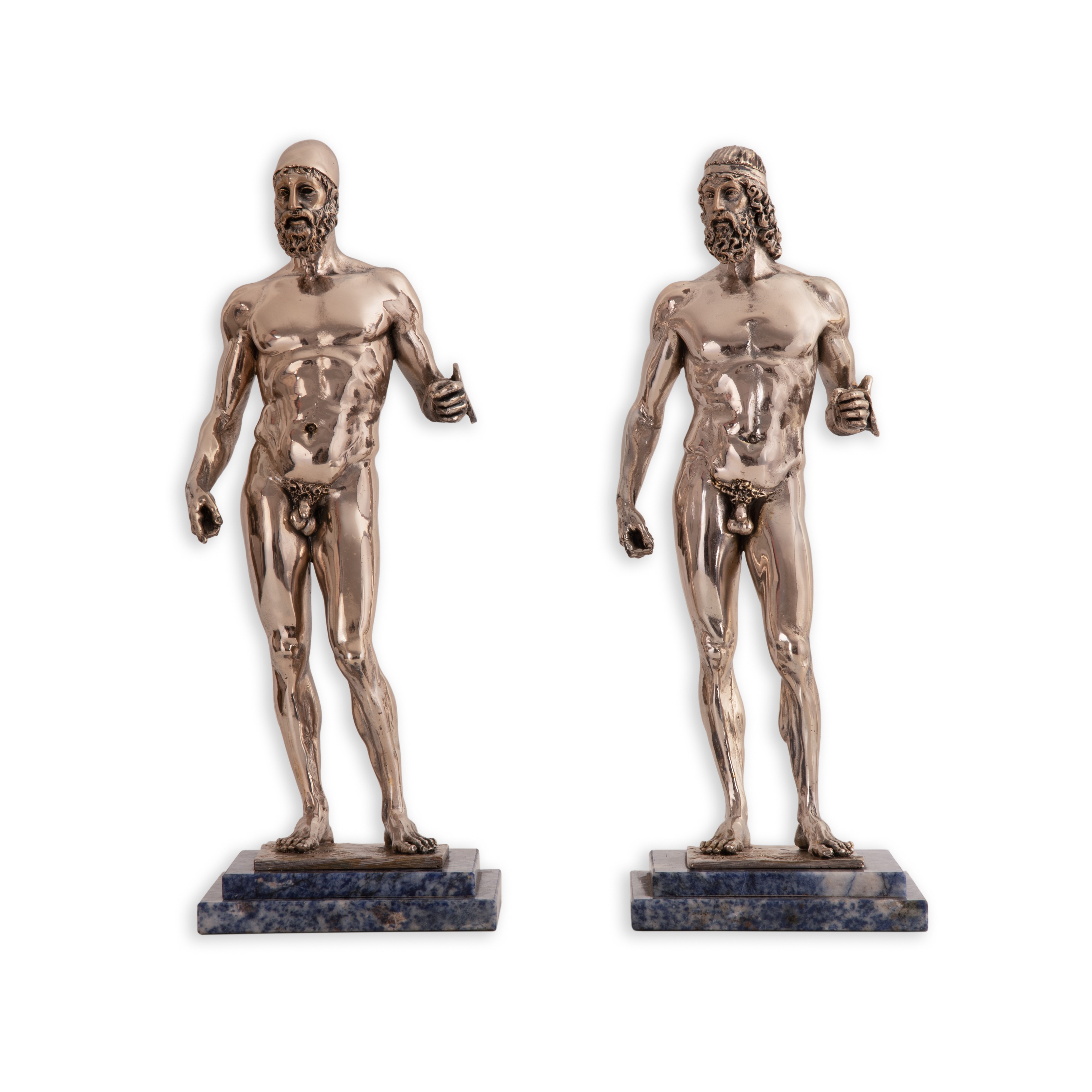 Amilcare Santini - Coppia di Sculture Laminate in Argento Raffiguranti Bronzi di Riace su Basi di...