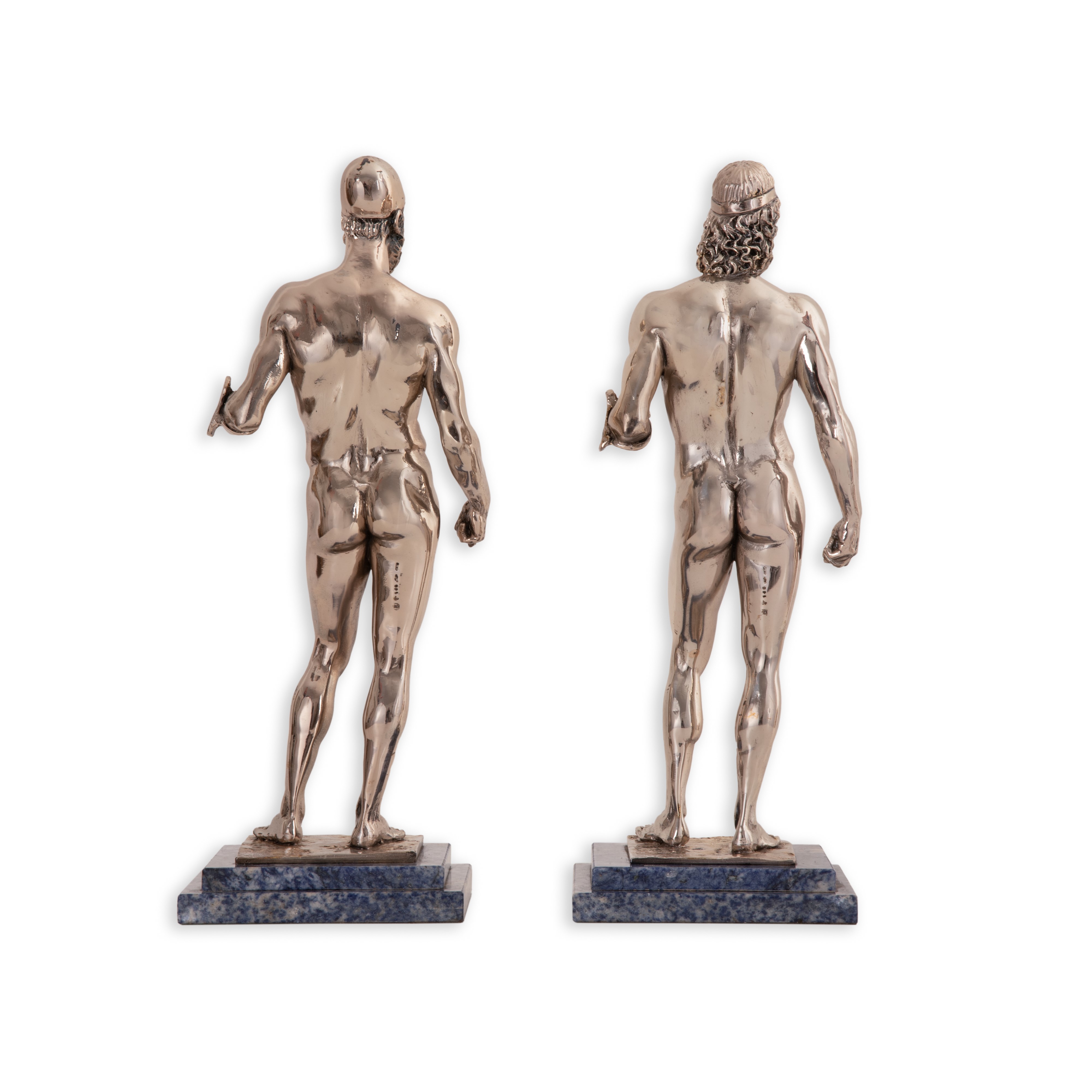 Amilcare Santini - Coppia di Sculture Laminate in Argento Raffiguranti Bronzi di Riace su Basi di...