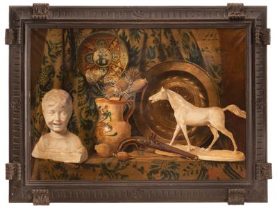 Natura Morta con Maioliche, Presentatoio in Bronzo e Modelli di Scultura: Cavallo e Testa di Desi...