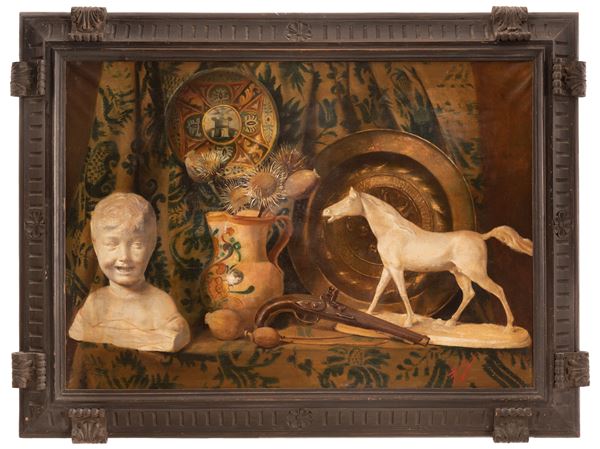 Luigi Bellincioni - Natura morta con maioliche, presentatoio in bronzo e modelli di scultura: cavallo e testa di Desiderio da Settignano.