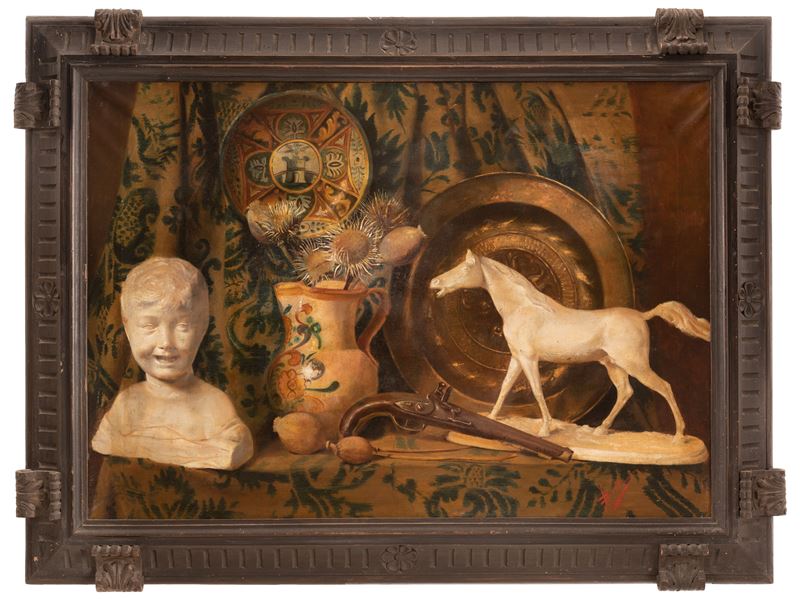Luigi Bellincioni - Natura Morta con Maioliche, Presentatoio in Bronzo e Modelli di Scultura: Cav...