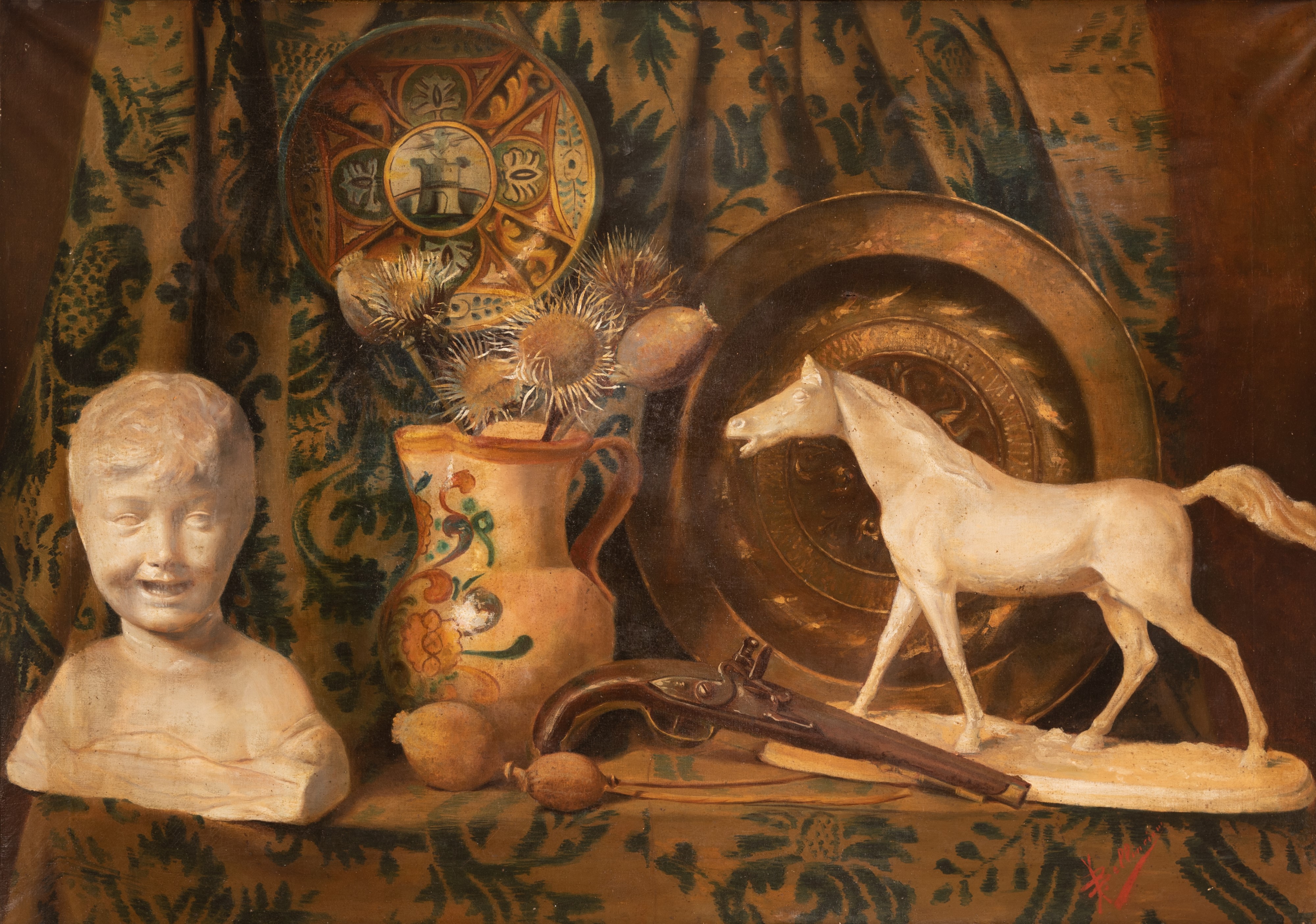 Luigi Bellincioni - Natura Morta con Maioliche, Presentatoio in Bronzo e Modelli di Scultura: Cav...
