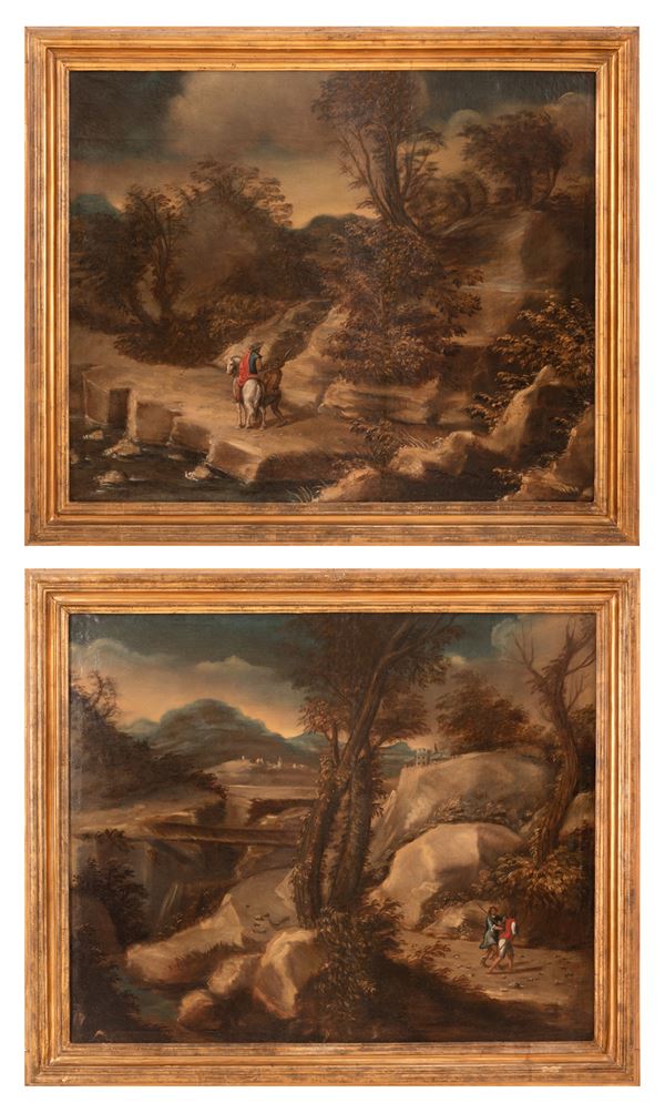 Pittore toscano degli inizi del XVII secolo - Coppia di dipinti raffiguranti paesaggi con personaggi