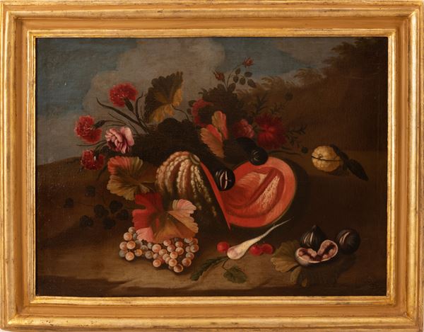 Pittore marchigiano del XVIII secolo - Natura morta con zucca, frutta e fiori