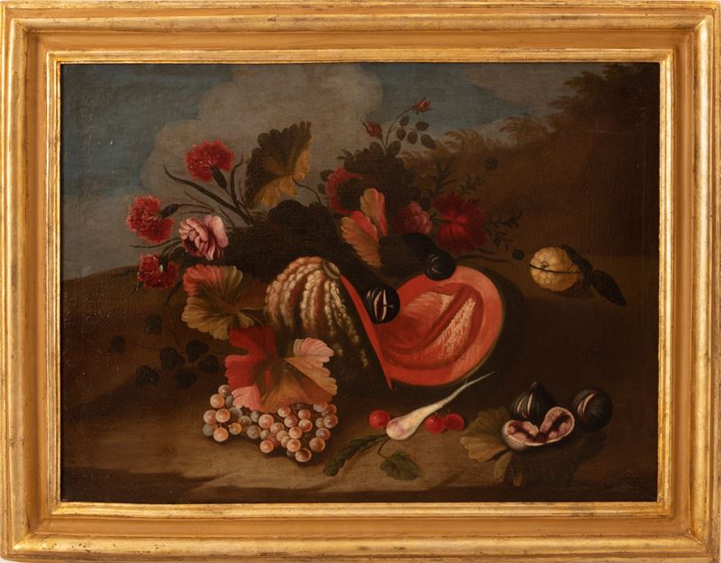 Natura morta con zucca, frutta e fiori