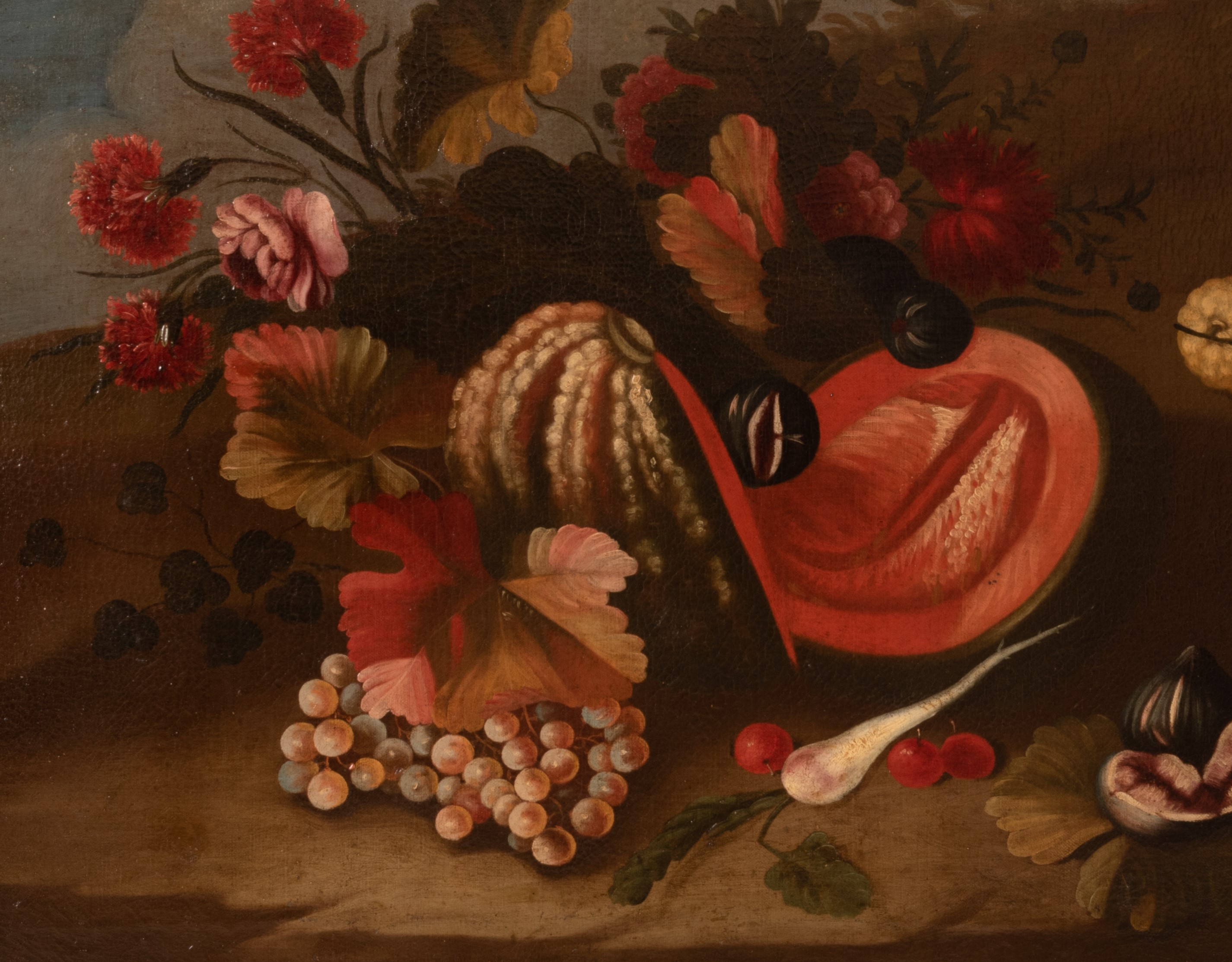 Natura morta con zucca, frutta e fiori