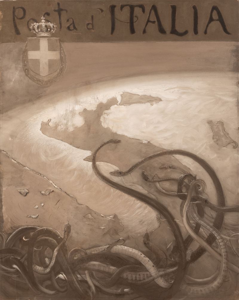 Bozzetto per Posta d'Italia "Serpenti che inghiottono l'Italia"