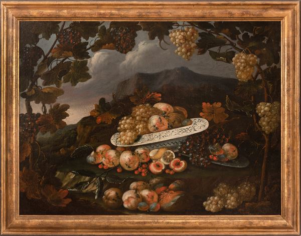 Pittore emiliano della seconda met&#224; del XVII secolo - Natura morta di frutta in paesaggio 