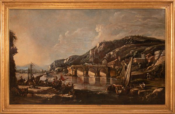 Johann Anton  Eismann - Paesaggio fluviale con imbarcazioni e personaggi 