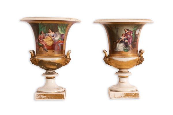 Coppia di vasi medici in porcellana policroma e oro, XIX secolo