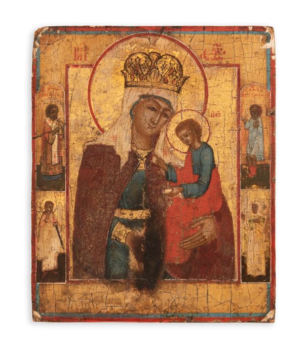 Antica icona ortodossa raffigurante Madonna incoronata e Gesù Bambino benedicente tra quattro Santi, Balcani, fine XVII secolo