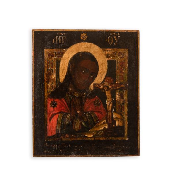 Icona della Madonna di Smolensk che prega innanzi al Crocifisso, Russia, XVII secolo
