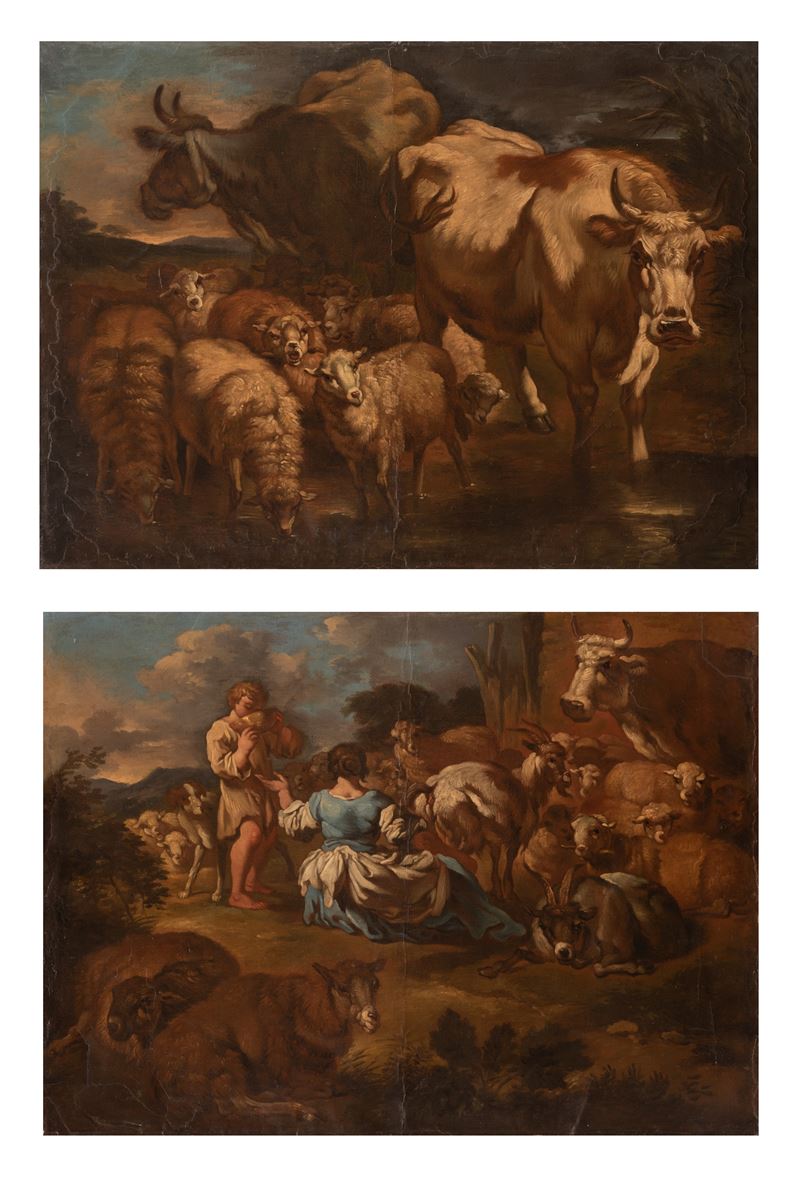 Coppia di bozzetti raffiguranti scene bucoliche