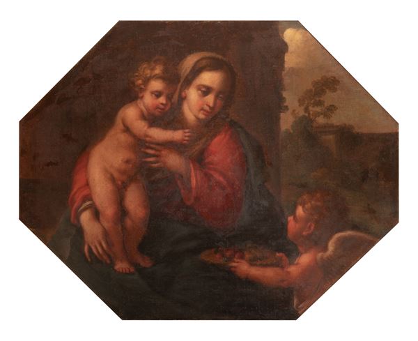 Pittore francese attivo a Roma met&#224; XVII secolo - Madonna con Bambino e un angelo che offre cesta di frutta