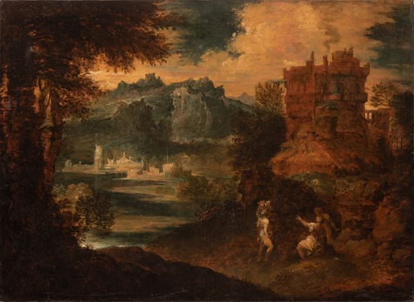 Pittore del Nord Europa attivo in Italia nella seconda met&#224; del XVI secolo inizi del XVII secolo - Paesaggio con figure
