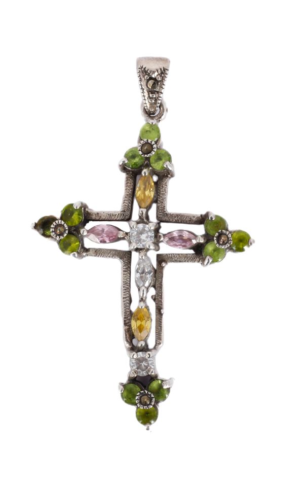 Antico iondolo a croce in argento con pietre dure  - Auction Asta a Tempo: Argenti, Accendini e Penne - Gliubich Casa d'Aste