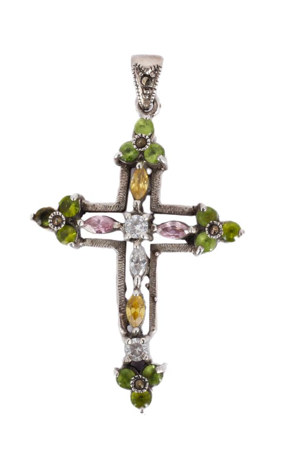 Ciondolo a croce in argento con pietre dure