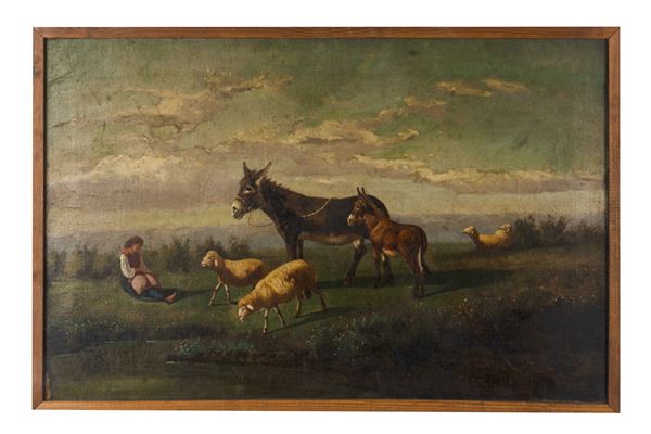 Antonio  Milone - Dipinto raffigurante paesaggio campestre con pastorella, pecore e asini 