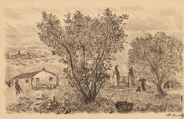 Michele Cascella - Paesaggio con alberi e case