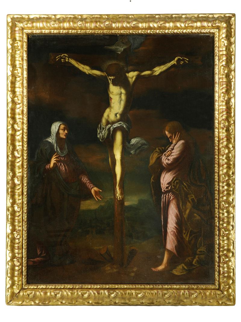 Pittore Veneto del XVII Secolo - Cristo Crocifisso con Madonna e San Giovanni Evangelista