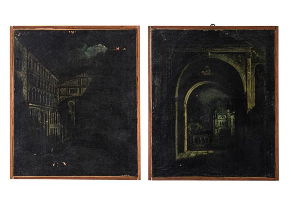 Pittore veneto del XVIII secolo - Coppia di quadri raffiguranti capricci architettonici veneziani