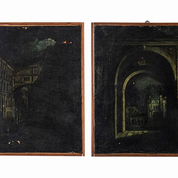 Pittore veneto del XVIII secolo - Coppia di quadri raffiguranti capricci architettonici veneziani