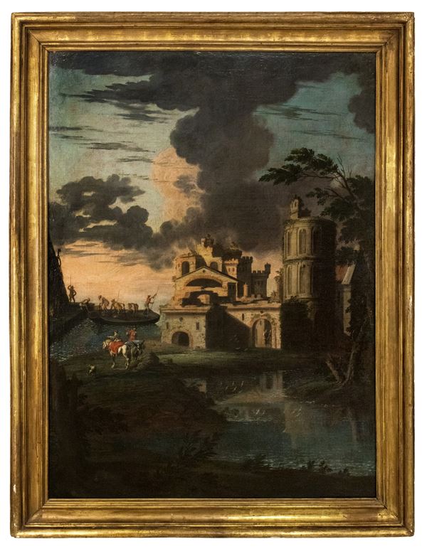 Pittore del centro Italia attivo tra la fine del XVII e l'inizio del XVIII secolo - Capriccio con figure in paesaggio