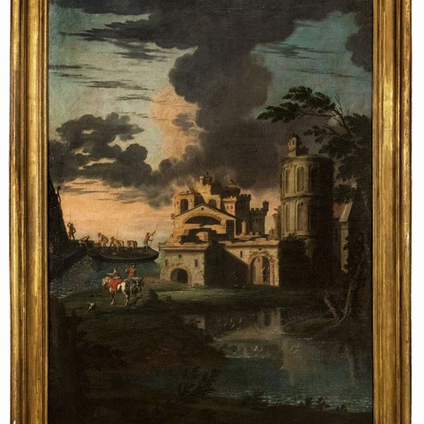Pittore del centro Italia attivo tra la fine del XVII e l'inizio del XVIII secolo - Capriccio con figure in paesaggio