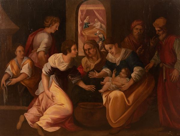 Scuola Umbra XVI secolo : Nascita della Vergine  - Olio su tavola - Asta Asta di Antiquariato: Dipinti, Oggetti e Arredi Antichi - Gliubich Casa d'Aste