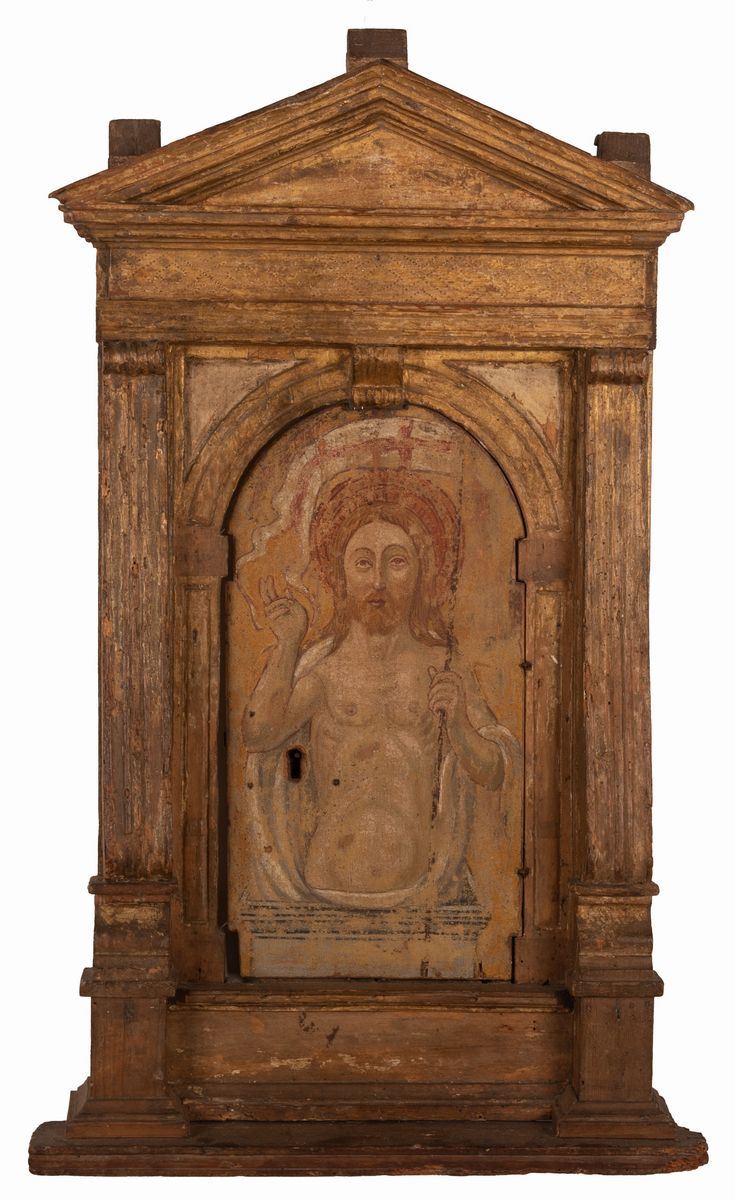Scuola Umbra XVI Secolo - Tabernacolo in Legno Dorato con Sportello Dipinto