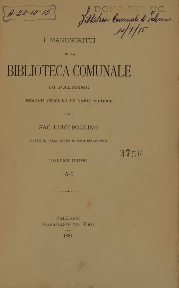 I manoscritti della Biblioteca comunale di Palermo indicati secondo le varie materie