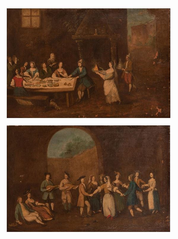Scuola Marchigiana XVIII secolo - Coppia di dipinti raffiguranti "Scena di festa" e "Banchetto all'aperto"