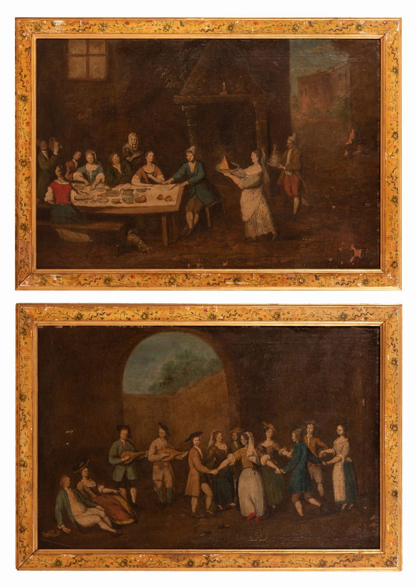Scuola Marchigiana XVIII Secolo - Coppia di Dipinti Raffiguranti "scena di Festa" e "banchetto Al...
